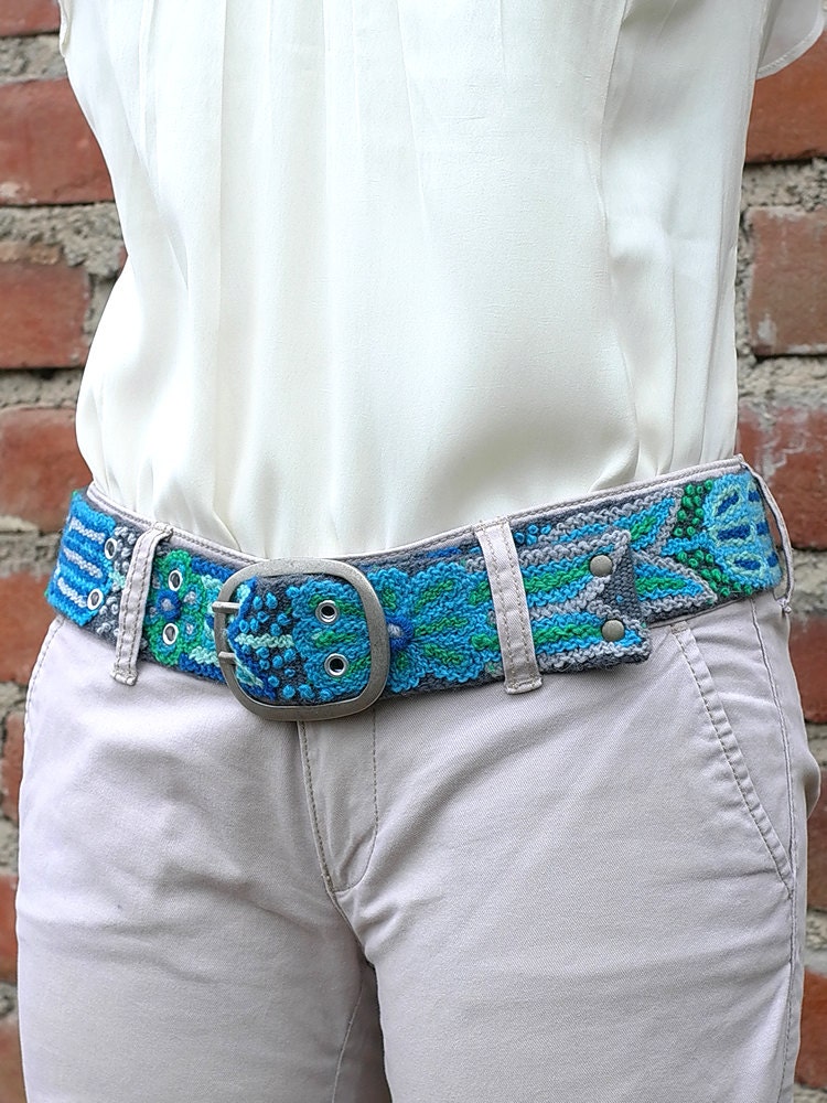 Wool embroidered belt tones ocean blue Wool embroidered belt Etsy