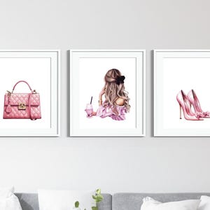 Wall Art Prints Set of 3 Pink Flower Bag Fashion Flowers Shopping Wall Pictures for Bedroom Decor Makeup  Posters Girls Room Decor NAP240