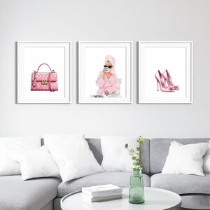 Wall Art Prints Set of 3 Pink Flower Bag Fashion Flowers Shopping Wall Pictures for Bedroom Decor Makeup Art Posters Girls Room Decor NAP242