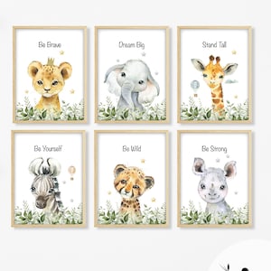 Conjunto de 6 estampados de animales para bebés Safari, decoración de vivero en la jungla, arte de habitación para bebés, decoración neutral de género NAP50