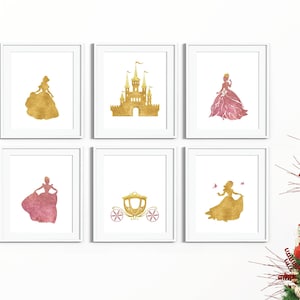 Gold Princess Nursery decor, Pink Princess art prints, Princess wall decor, wall art, Watercolor Princess, Princess Prints Set of 6 NAP208