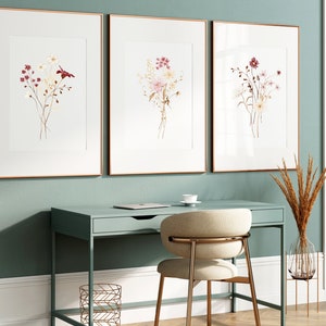 Wildflowers Print Set of 3, Watercolor Flower Gallery Wall Set, Boho Botanical 3 Piece Art, Neutral Floral Poster, Minimalist Bouquet NAP453