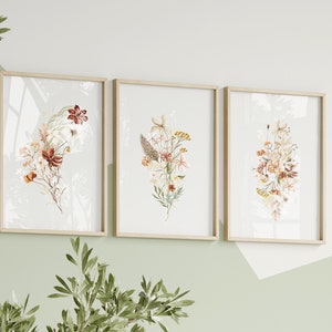 Wildflowers Print Set of 3, Watercolor Flower Gallery Wall Set, Boho Botanical 3 Piece Art, Neutral Floral Poster, Minimalist Bouquet NAP457