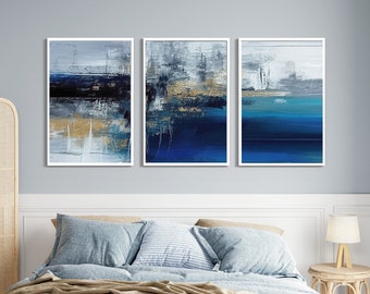 3 Piece Art Prints, Blue Wall Art, Bedroom Wall Art, Living Room, Navy Dark Blue, Abstract Posters, Minimalist Contemporary Modern NAP620