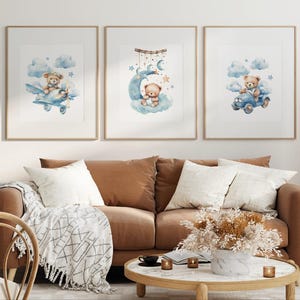 Teddy bear nursery Set of 3, Wall art print, Bear nursery Decor, Airplane, Car, Moon, Balloon Nursery, Kids Decor Baby neutral print NAP999