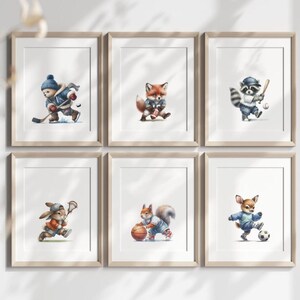 Sports Animals Nursery Art SET OF 6 Digital Download Sports and Animals Prints Nursery Art  Baby Animals Printable Wall Art AI NAP993