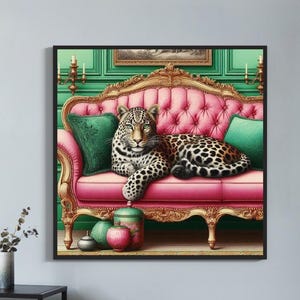 Leopard Print, Maximalist Animal Wall Art, Retro Vintage Leopard Bedroom Decor, Painting Dopamine Decor, sofa print AI NAP946