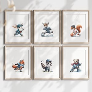 Sports Animals Nursery Art SET OF 6 Digital Download Sports and Animals Prints Nursery Art  Baby Animals Printable Wall Art AI NAP991