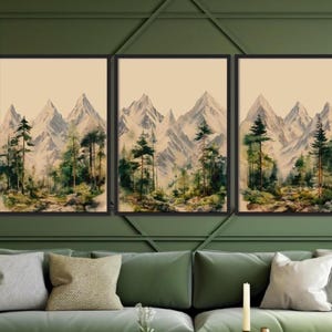 Watercolor Mountain Print 3 Piece Wall Art, Pine Forest Wall Art, Mountain Landscape, Abstract Nature Print, Modern Minimal Decor NAP879