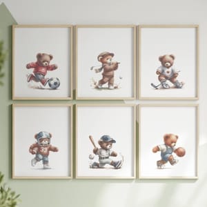 Vintage Teddy Bear Sports Nursery Wall Art, Baby Boy Shower Gift, Set of 6 Printable for Kids Room, Sports Themed Child Decor AI NAP987
