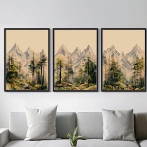 Watercolor Mountain Print 3 Piece Wall Art, Pine Forest Wall Art, Mountain Landscape, Abstract Nature Print, Modern Minimal Decor NAP875