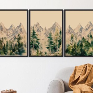 Watercolor Mountain Print 3 Piece Wall Art, Pine Forest Wall Art, Mountain Landscape, Abstract Nature Print, Modern Minimal Decor NAP876