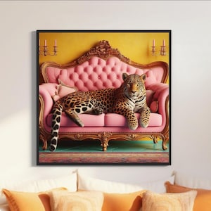 Leopard Print, Maximalist Animal Wall Art, Retro Vintage Leopard Bedroom Decor, Painting Dopamine Decor, sofa print AI NAP947