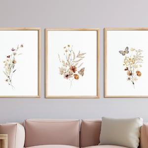 Wildflowers Print Set of 3, Watercolor Flower Gallery Wall Set, Boho Botanical 3 Piece Art, Neutral Floral Poster, Minimalist Bouquet NAP455