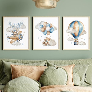 Teddy bear nursery wall art print Set of 3, Bear nursery Decor, Hot Air Balloon, Airplane, Cloud, Baby neutral print, baby Printable NAP1001