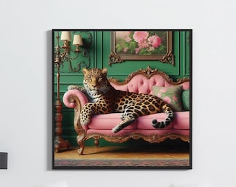 leopard in vintage sofa print, leopard bedroom Decor, maximalist wall art, leopard wall art, art deco leopard, maximalist decor AI NAP935
