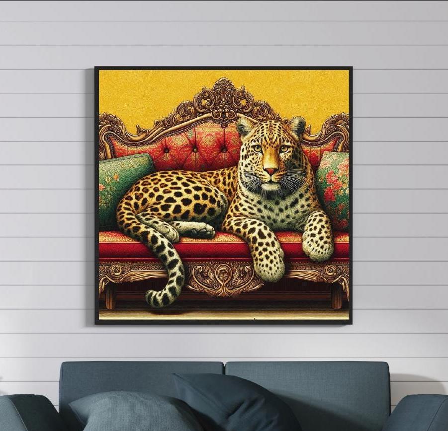 Leopard On Ornate Vintage Sofa Print, Retro Leopard Bedroom Decor, Maximalist Wall Art, Dopamine Leopard, Eclectic Leopard Wall AI NAP926