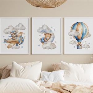 Teddy bear nursery wall art print Set of 3, Bear nursery Decor, Hot Air Balloon, Airplane, Cloud, Moon, Baby neutral print NAP1003