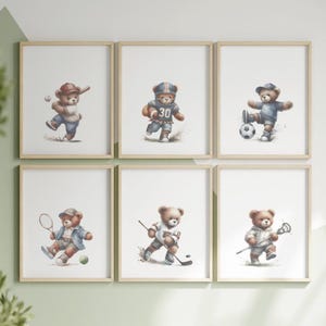Vintage Teddy Bear Sports Nursery Wall Art, Baby Boy Shower Gift, Set of 6 Printable for Kids Room, Sports Themed Child Decor AI NAP986