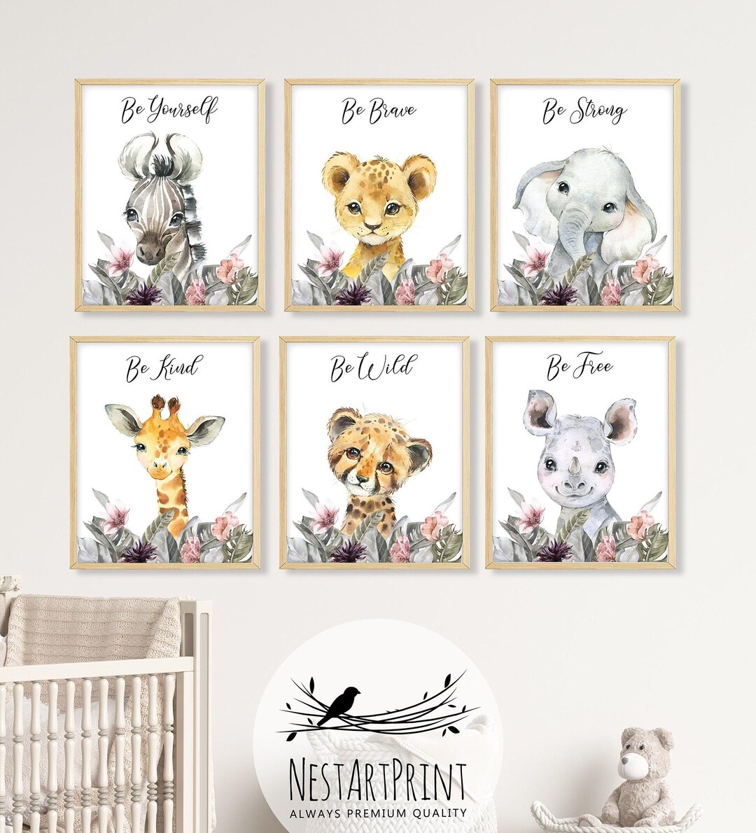 Safari Baby Animal Prints With Flowers, Set of 6, Nursery Wall Art ...