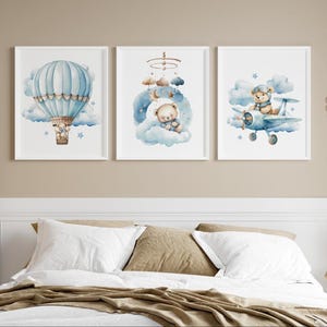 Teddy bear nursery wall art print Set of 3, Bear nursery Decor, Hot Air Balloon, Airplane, Cloud, Baby neutral print, baby Printable  NAP998
