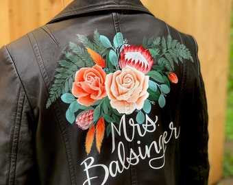 Custom Wedding Jacket, Bridal Jacket, Wedding Leather Jacket, Last Name Wedding Jacket, Just Married Jacket, Hand Painted Wedding Jacket