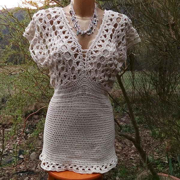 Ivoor Hand gehaakte jurk, zomer Lace tuniek, Crochted uit katoen-zijde vezel, zomer Casual Blouse, jurk Lace