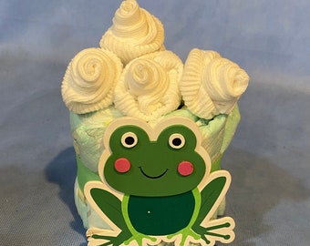 Honest Company Diapers Frog “Cupcake” Mini Diaper Cake! Affordable Gender Neutral Gift or Table Decoration/Centerpiece!  Gift Wrapped!