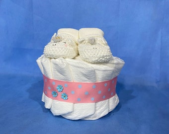 Mini White Unicorn Knit Booties with Pink Trim Diaper Cake! Perfect Baby Girl Gift or Shower Centerpiece! Gift Wrapped!