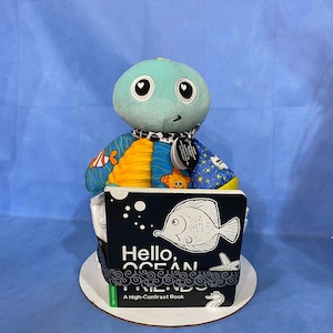 Lamaze Salty Sam the Octopus Plush Clip & Go Developmental Toy with &quot;Hello Ocean Friends&quot; Board Book Diaper Cake! Gift Wrapped!