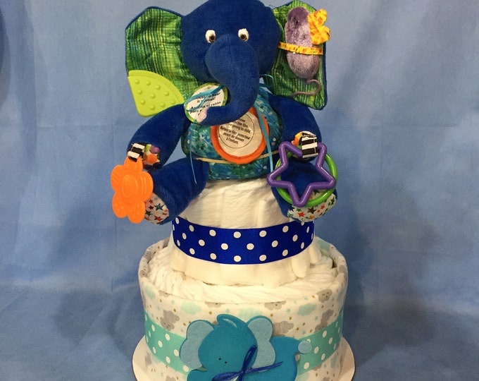 Featured listing image: Eric Carle Blue Elephant Developmental Toy Two Tier Diaper Cake with Cloud Print Receiving Blanket! Gender Neutral! Gift Wrapped!