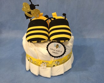 Gender Neutral Baby Gift or Centerpiece Mini Gender Reveal What Will It Bee Diaper Cake with Yellow /& Black Bee Slippers Gift Wrapped!