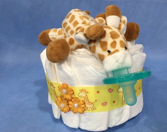Mini Giraffe Wubba Nub Diaper Cake! Gender Neutral Baby Gift or Shower Centerpiece! Gift Wrapped! Affordable, Small Box Shipping!