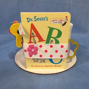 Mini Pink Dr Seuss Diaper Cake with Dr Seuss&#39;s &quot;ABC&quot; Book, Sippy Cup & Keys! Unique Girl Baby Gift or Shower Centerpiece! Gift Wrapped!