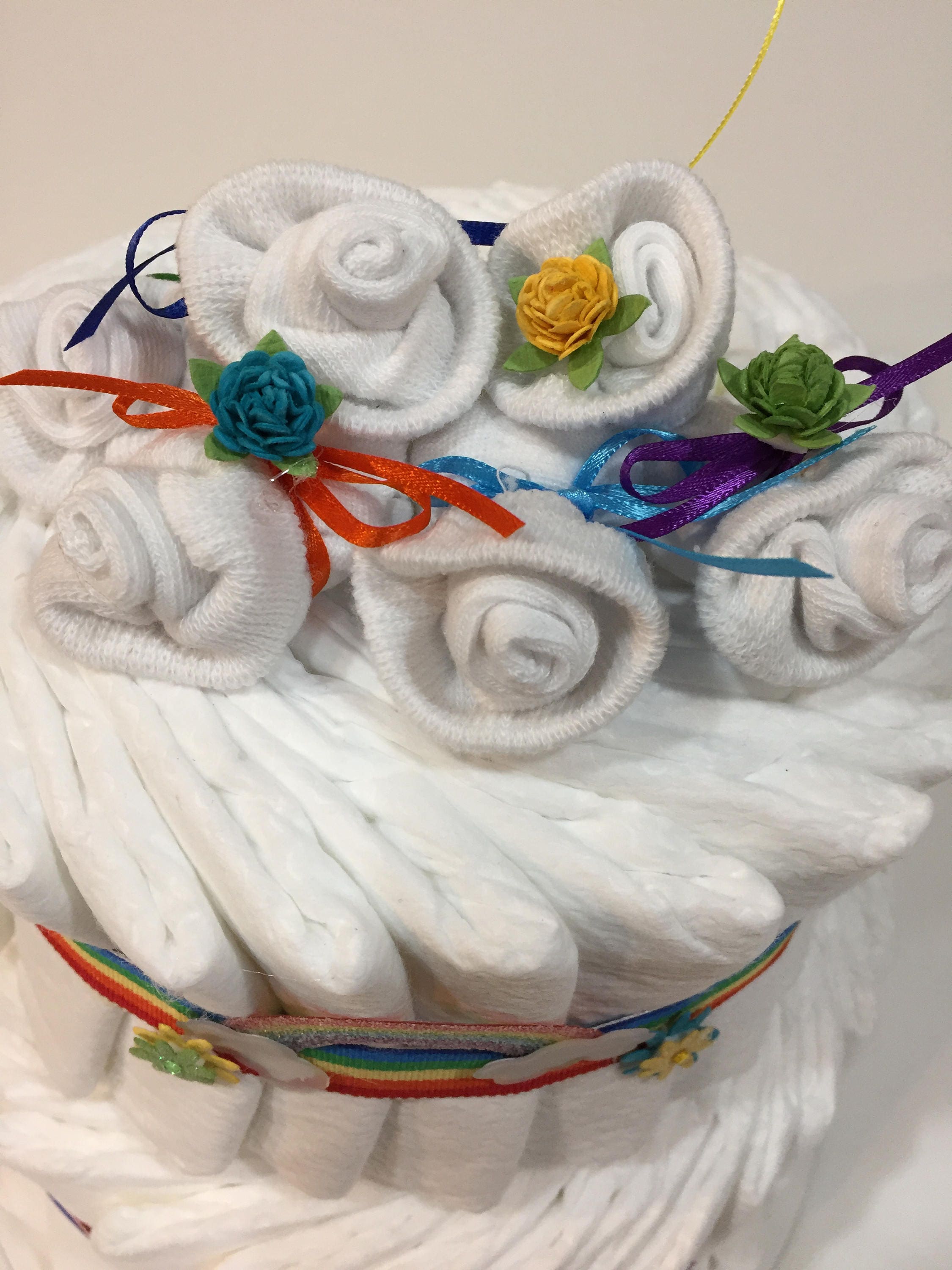 Rainbow Baby Two Tier Diaper Cake! Wrapped in Cellophane Gift Bag and
