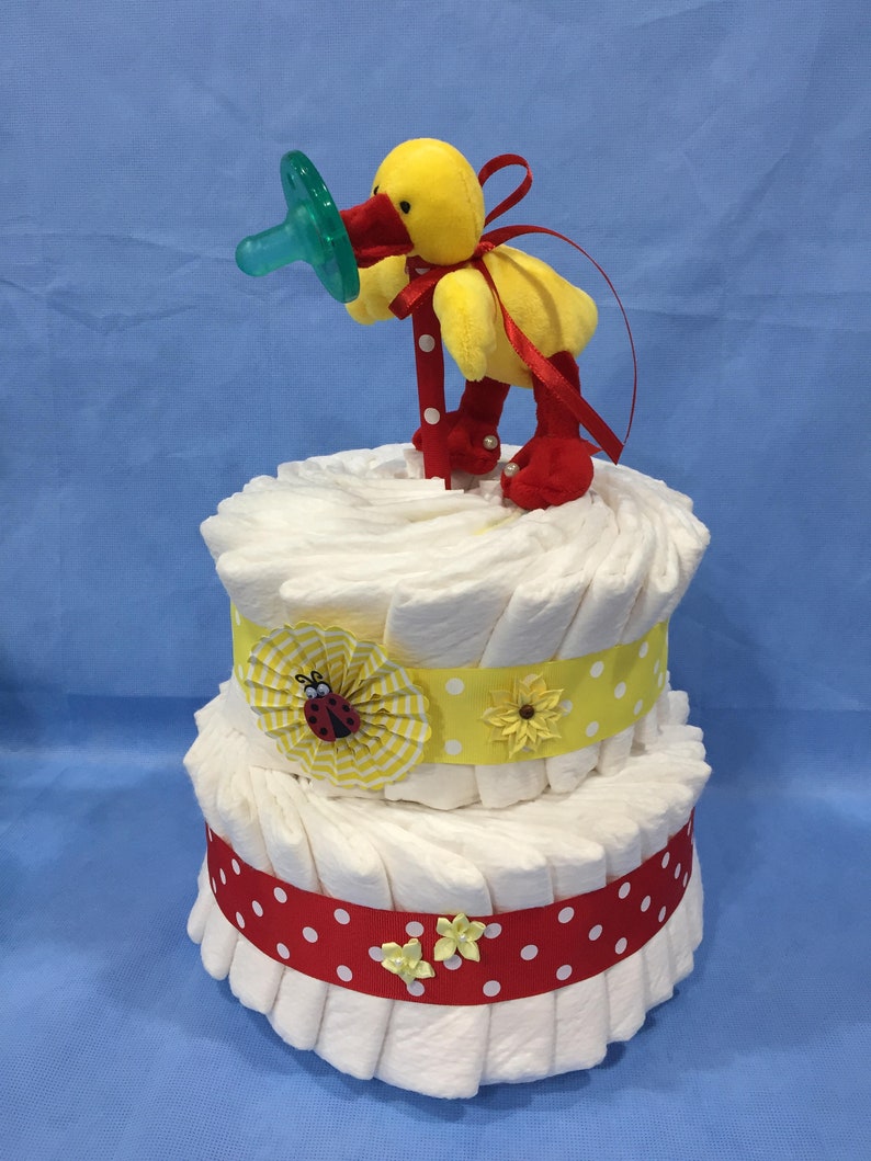Gift Wrapped! Sale Yellow Duck Wubba Nub Diaper Cake Gender Neutral 2 Tier Baby Gift or Shower Centerpiece 10/% Off