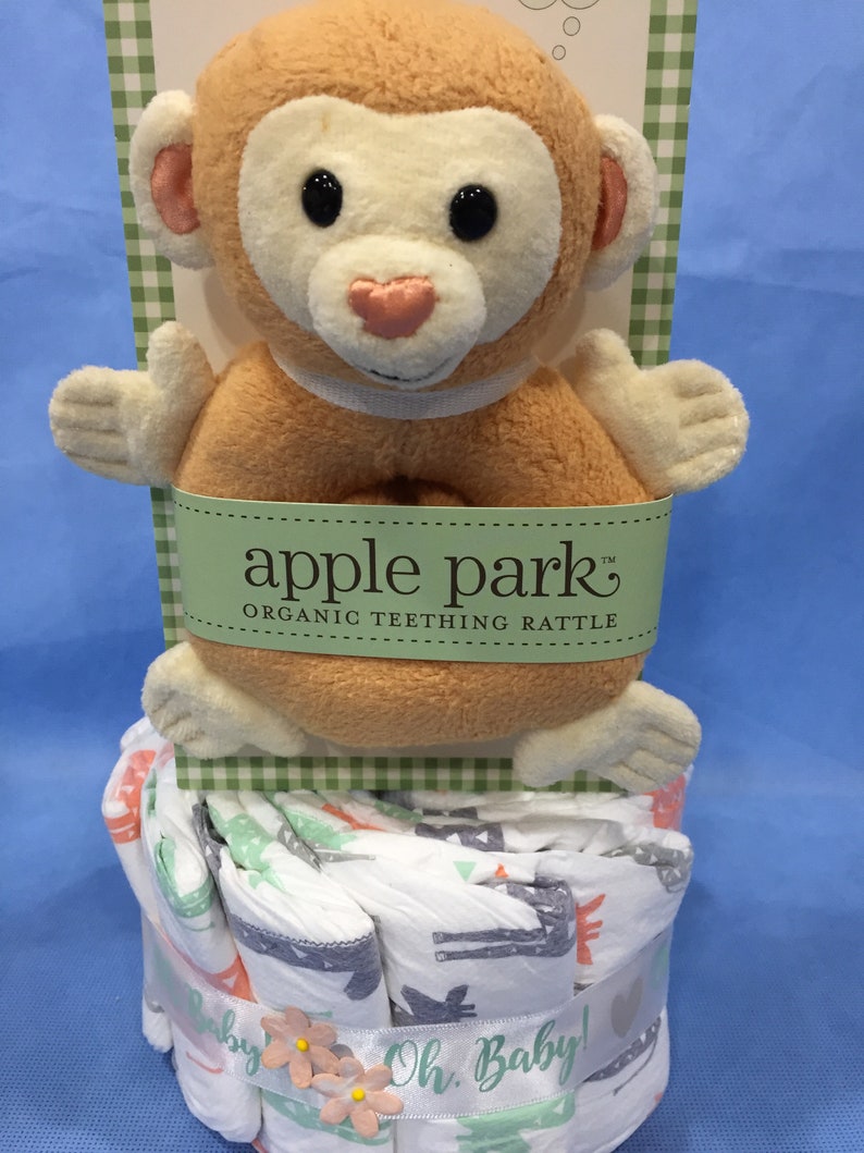 Gift Wrapped! Mini Apple Park Monkey Organic Teether Rattle /& Honest Company Diaper Cake Gender Neutral Baby Gift or Shower Centerpiece