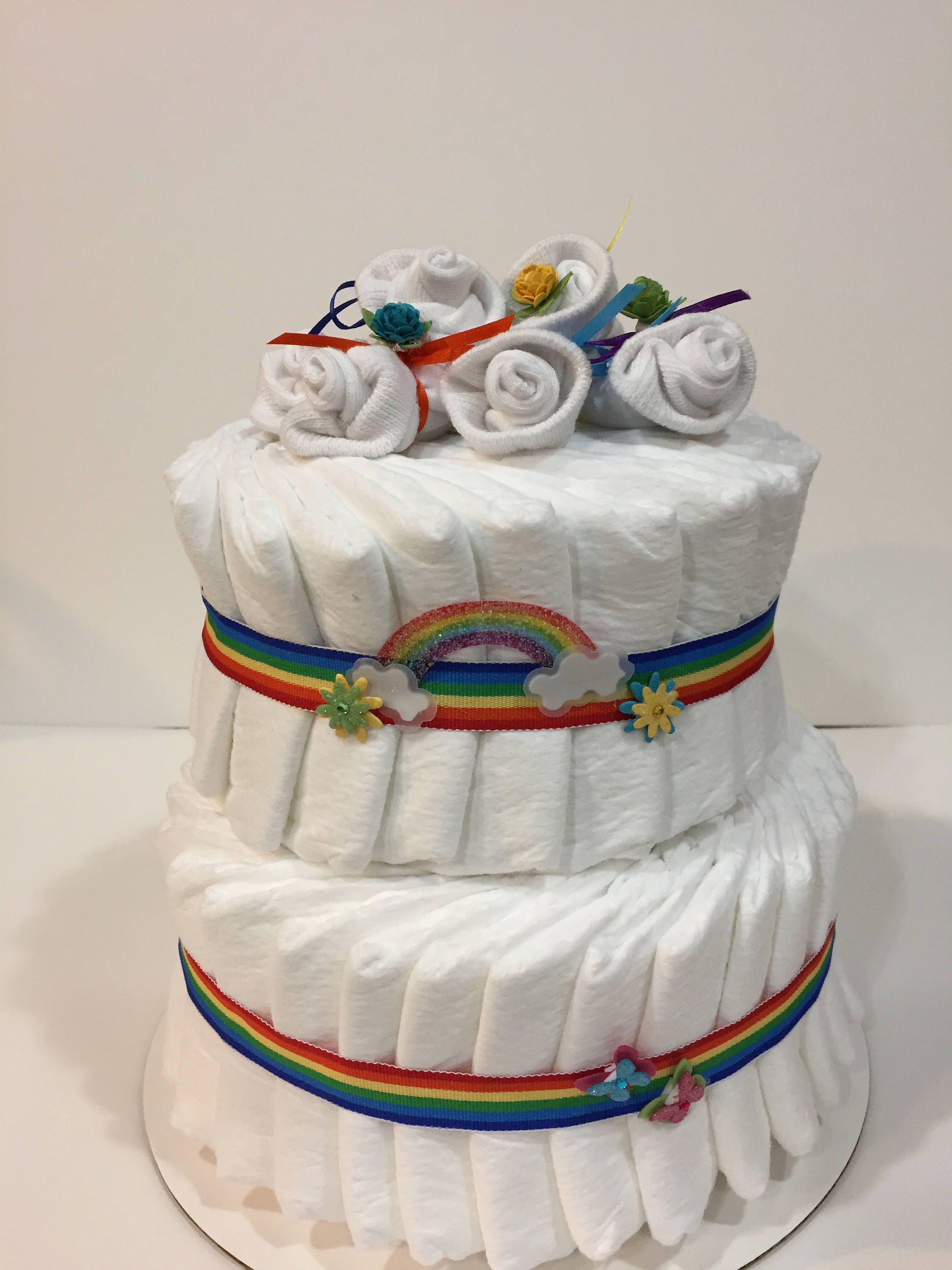 Rainbow Baby Two Tier Diaper Cake! Wrapped in Cellophane Gift Bag and