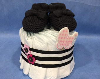 Mini Girl "Tuxedo" Diaper Cake! Black Trimmed with Pink & White Awesome Baby Gift or Centerpiece! Gift Wrapped!