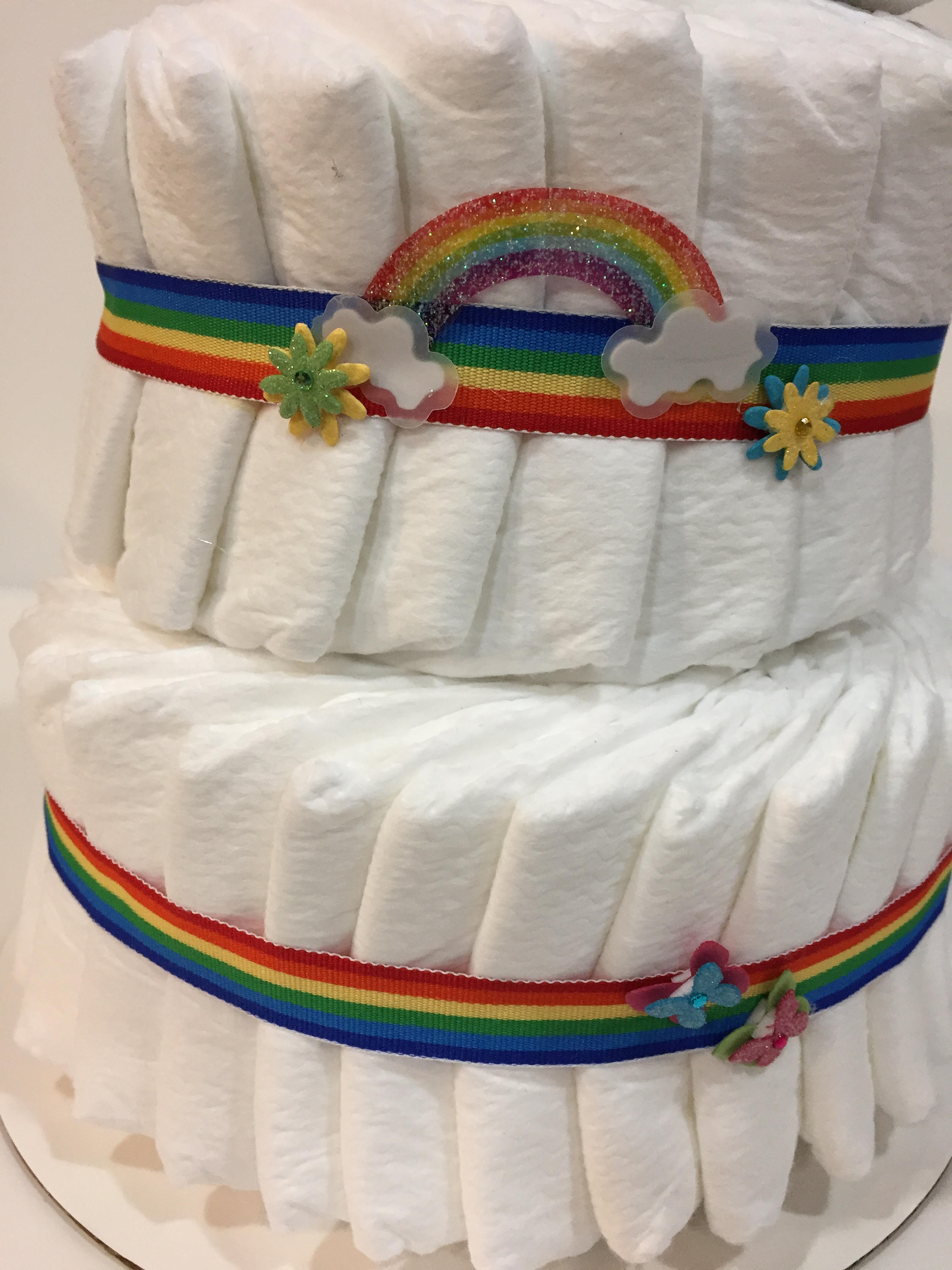Rainbow Baby Two Tier Diaper Cake! Wrapped in Cellophane Gift Bag and