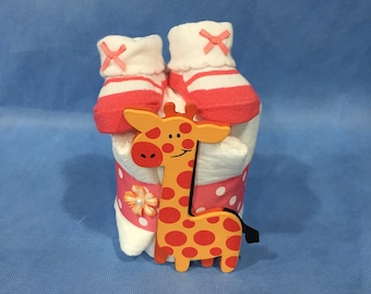 Pink Mary Jane Booties Mini Giraffe "Cupcake" Diaper Cake! Perfect Girl Baby Shower Table Decoration or Gift! Gift Wrapped!