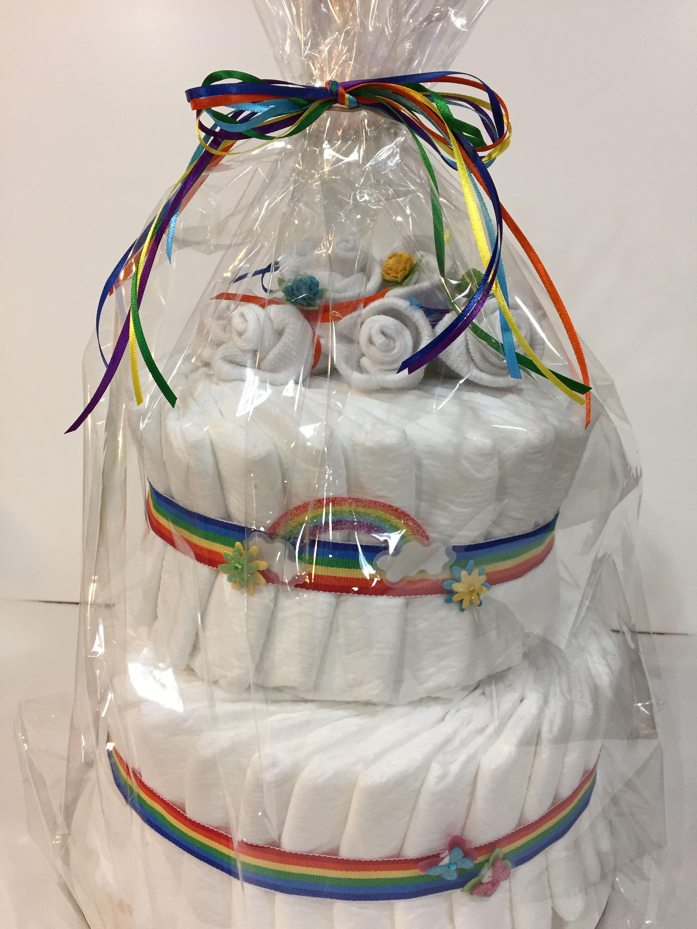 Rainbow Baby Two Tier Diaper Cake! Wrapped in Cellophane Gift Bag and
