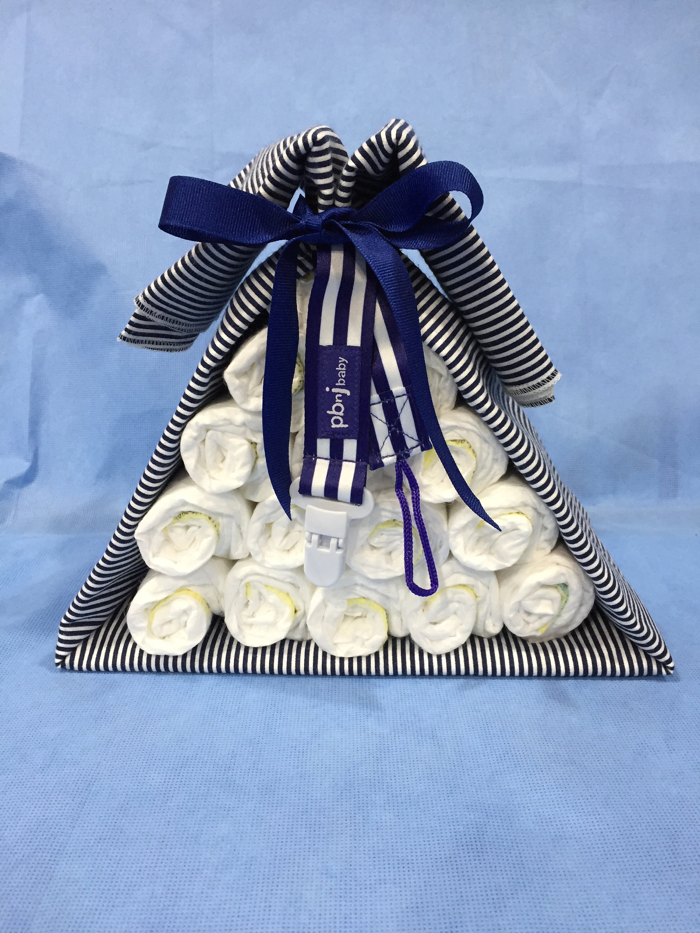 Stork Bundle Diaper Cake! Blue &amp; White Striped Blanket with Paci-Holder ...