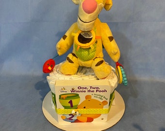 Disney TIGGER On-the-Go Activity Toy with Winnie the Pooh Board Book Diaper Cake! Awesome Gender Neutral Gift or Centerpiece! Gift Wrapped!