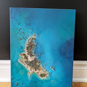 Gemälde einer strukturierten Insel (Original). Naturinspiration, Blau, Türkis, Beige, Grün, Braun. Acryl und Acryltinte. Reisen, Strand.