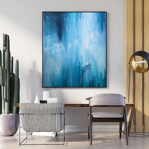 originale großformatige abstrakte Leinwand. Acrylfarbe. Blau, Weiß und Türkis. Zeitgenössisch und modern.