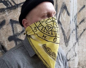 Bandana - Handbedrucktes gelbes Bandana mit Horoskop und Messerdruck, Punk Style, Hooligan, Halstuch, Gesichtsbedeckung, Witchy