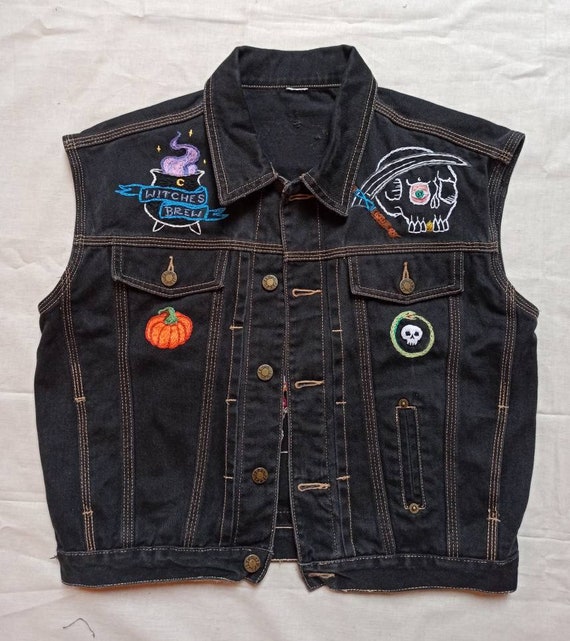 Black denim top vest for patches