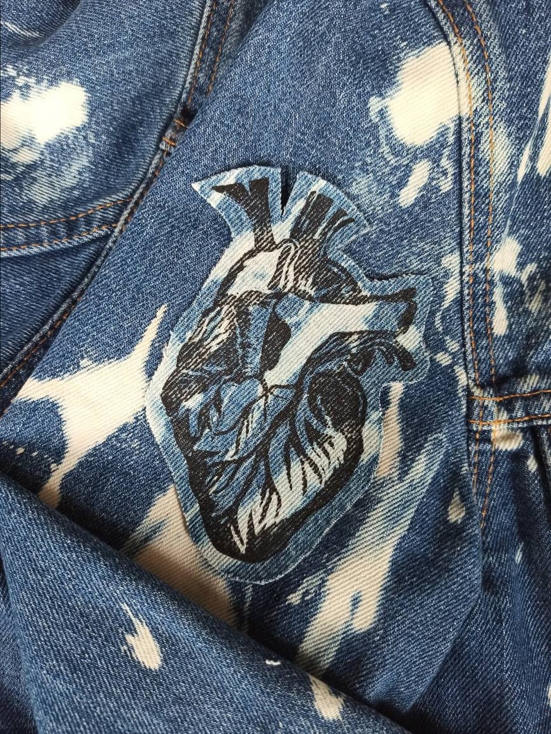 Anatomical Heart Printed Patch on Bleached Denim with a Raw Edge Iron on Patch Denim Patch Punk Gift Body Part Patch Patch