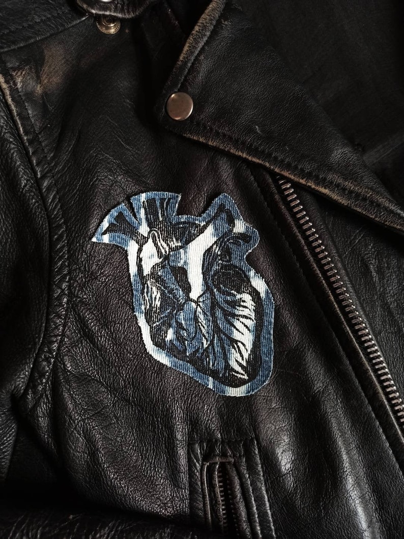 Anatomical Heart Printed Patch on Bleached Denim with a Raw Edge Iron on Patch Denim Patch Punk Gift Body Part Patch Patch